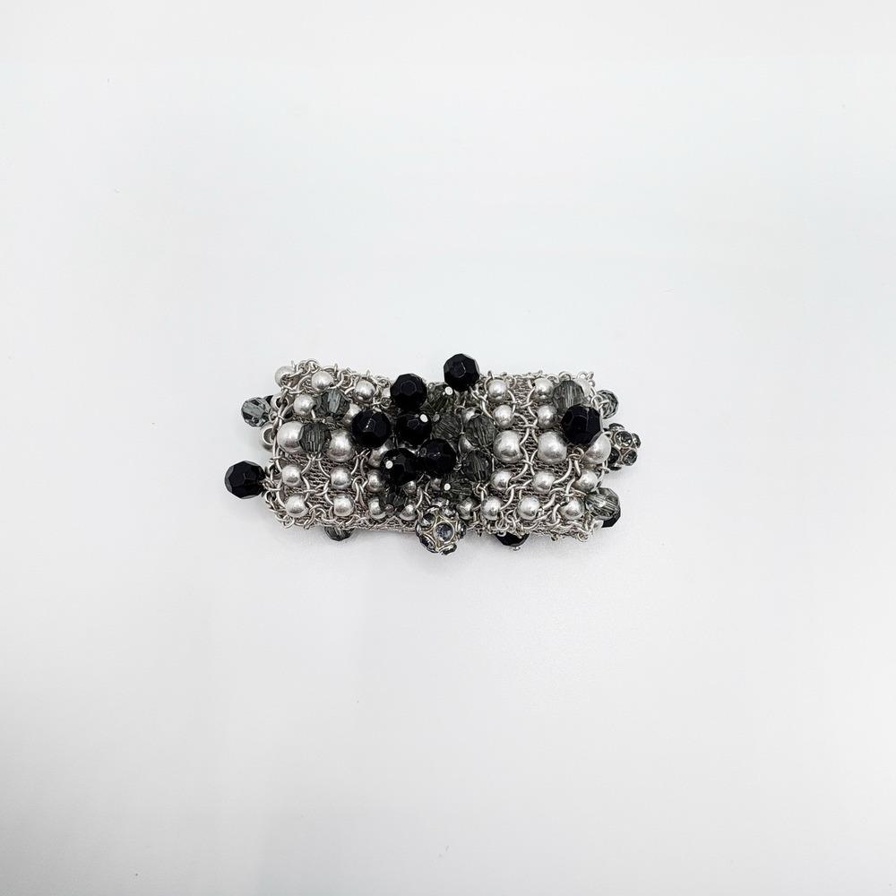 Silver Mesh Beaded Magnetic Bracelet Black Rhinestone Statement Cuff